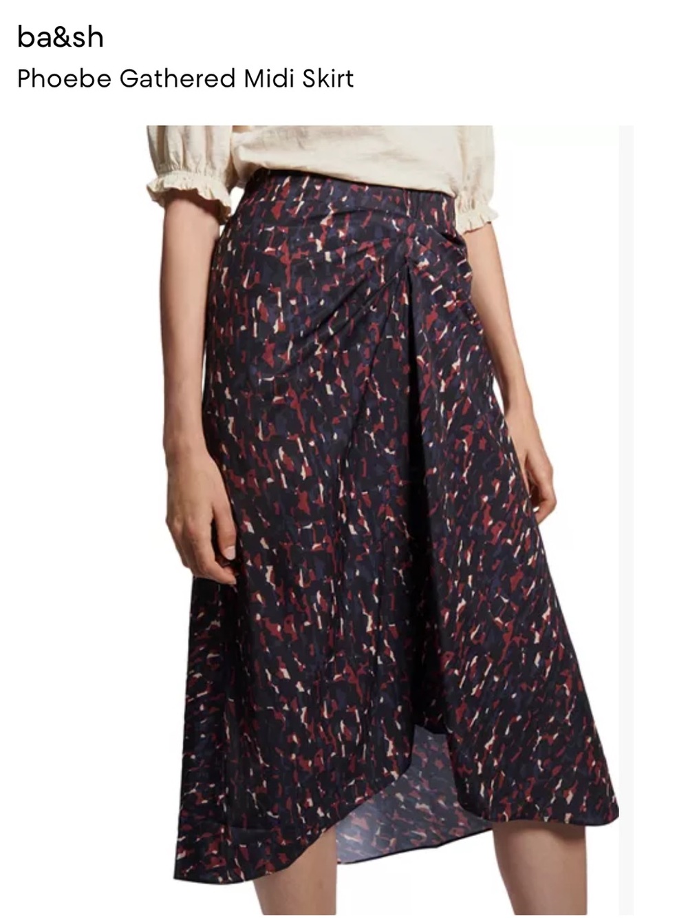 ba&sh Navy Multi Gathered Midi Skirt with Abstract Print